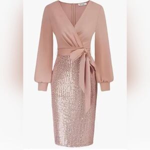 Grace Karin Light Pink Hip Wrap Fish Tail V Neck Sequin Evening Dress